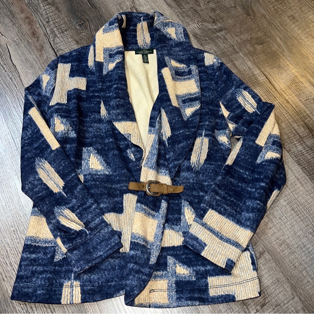 LRL Lauren Jeans Co. Womens Blazer Jacket Blue Geometric Buckle Collar Sz L EUC